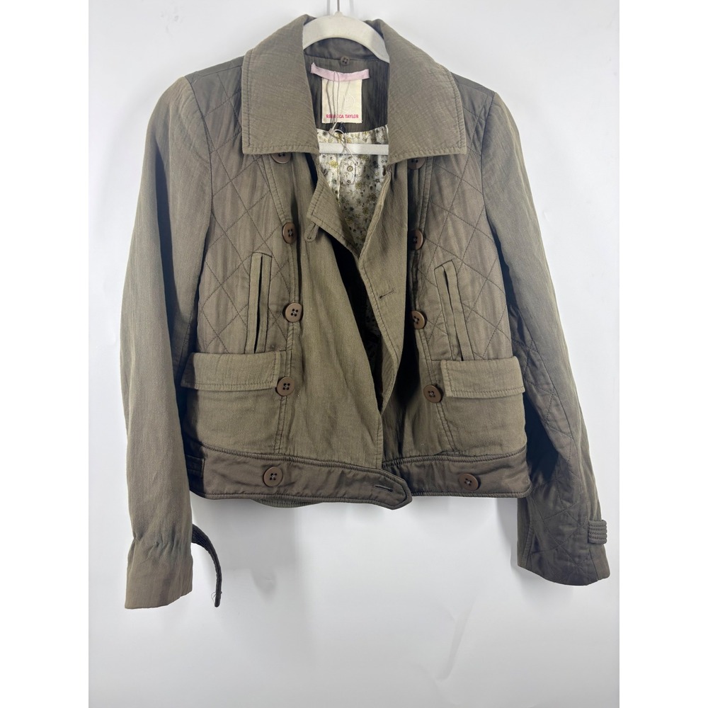 Vintage Y2K Rebecca Taylor Olive Green Quilted Silk Trim Utility Jacket Size 6